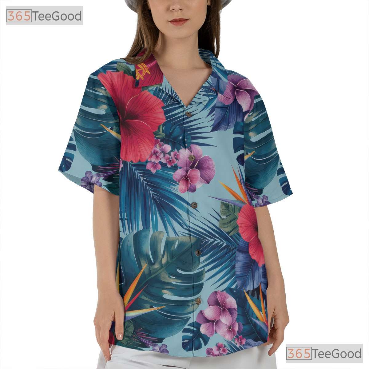 Red Hibiscus Blue Leaves Hawaiian Shirt - Adult Summer Aloha Tee