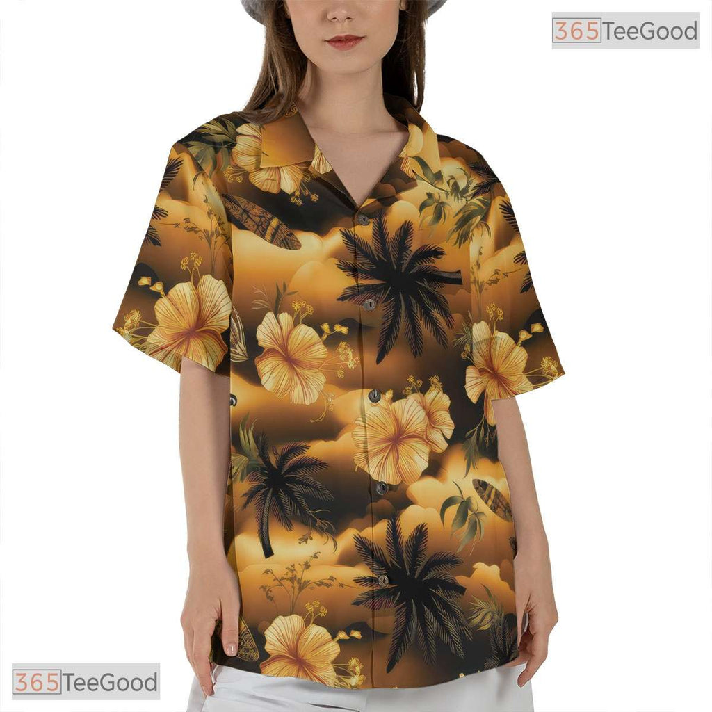 Sunset Red Palm Hawaiian Tee - Tropical Island Vacation Resort Adults
