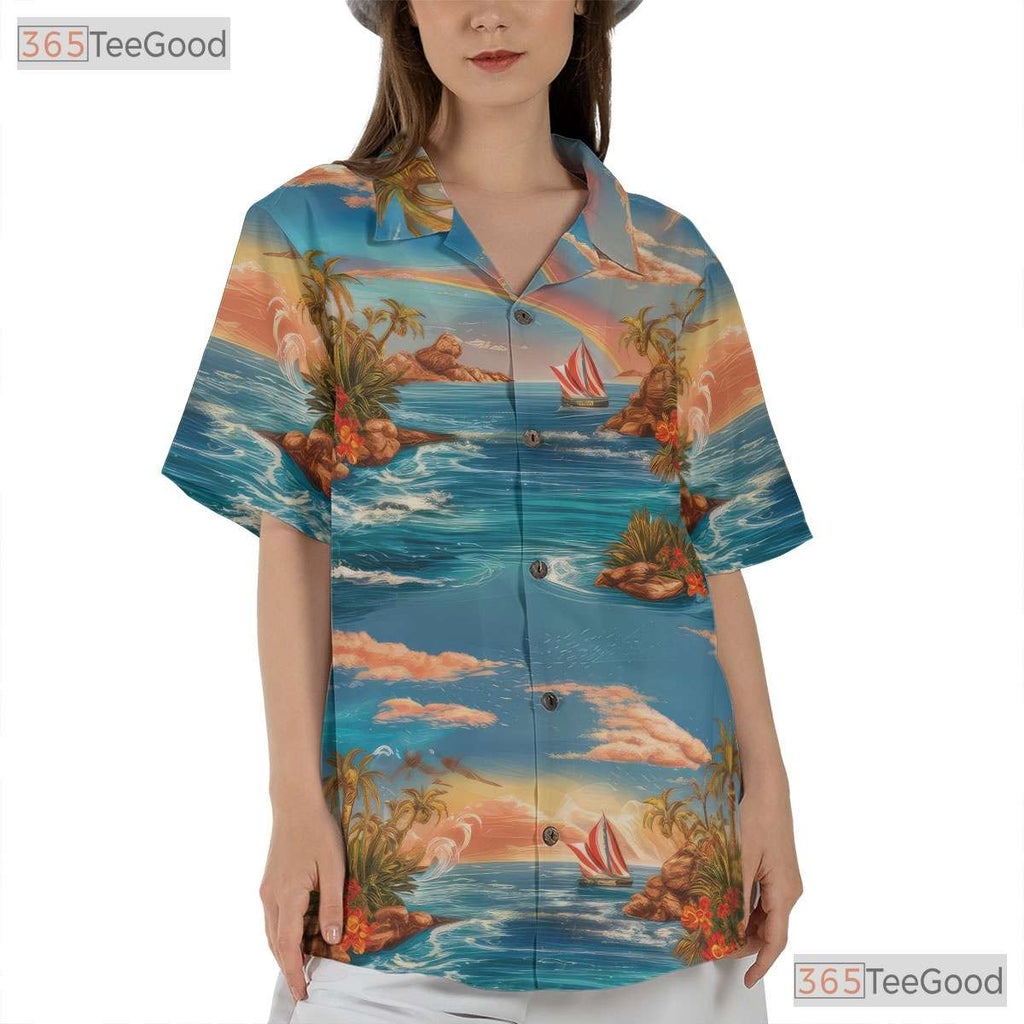 Blue Ocean Paradise Hawaiian Tee - Palm Trees Sunset Vacation Women