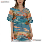 Blue Ocean Paradise Hawaiian Tee - Palm Trees Sunset Vacation Women