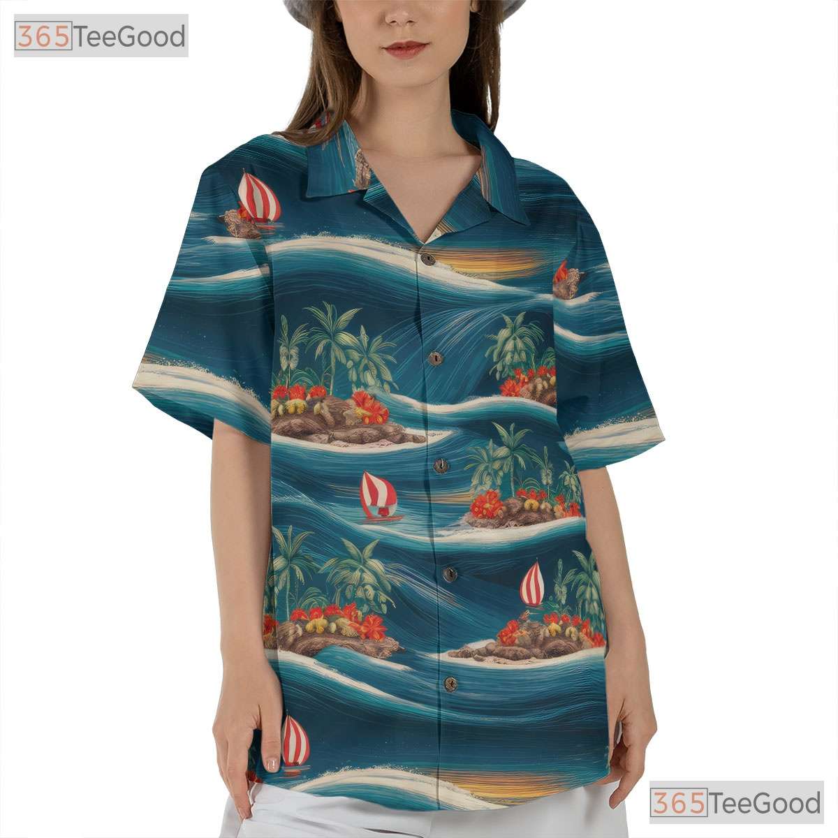 Blue Sunset Ocean Hawaiian Shirt - Tropical Beach Palm Tree Unisex