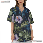 Tropical Palm Hibiscus Hawaiian Tee - Navy Blue Island Aloha Adults