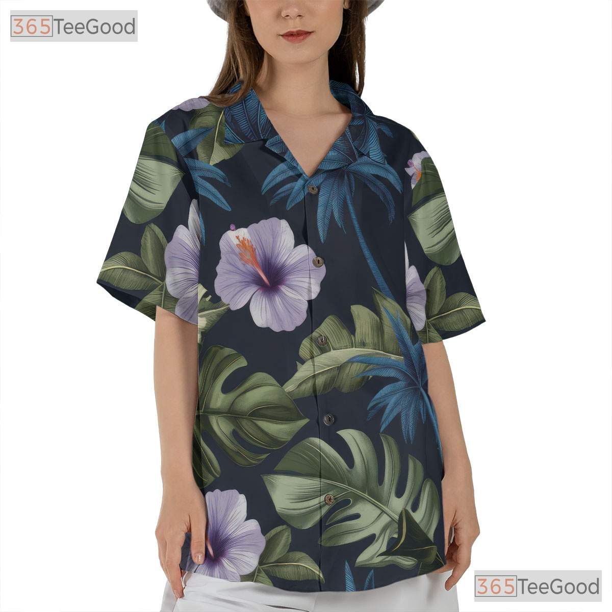 Tropical Palm Hibiscus Hawaiian Tee - Navy Blue Island Aloha Adults