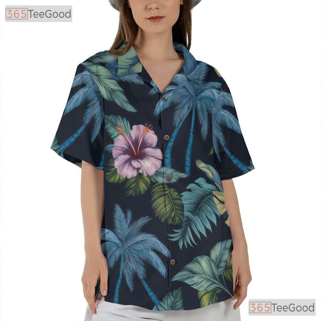Navy Hawaiian Shirt - Palm Hibiscus Tropical Beachwear for Men & Women