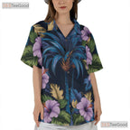 Floral Navy Blue Hawaiian Tee - Tropical Aloha Palm Hibiscus Women