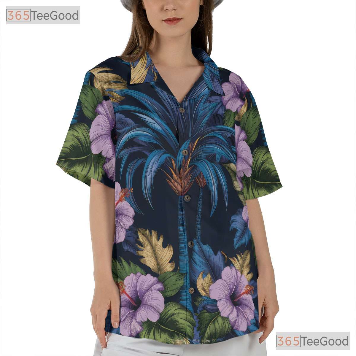 Floral Navy Blue Hawaiian Tee - Tropical Aloha Palm Hibiscus Women
