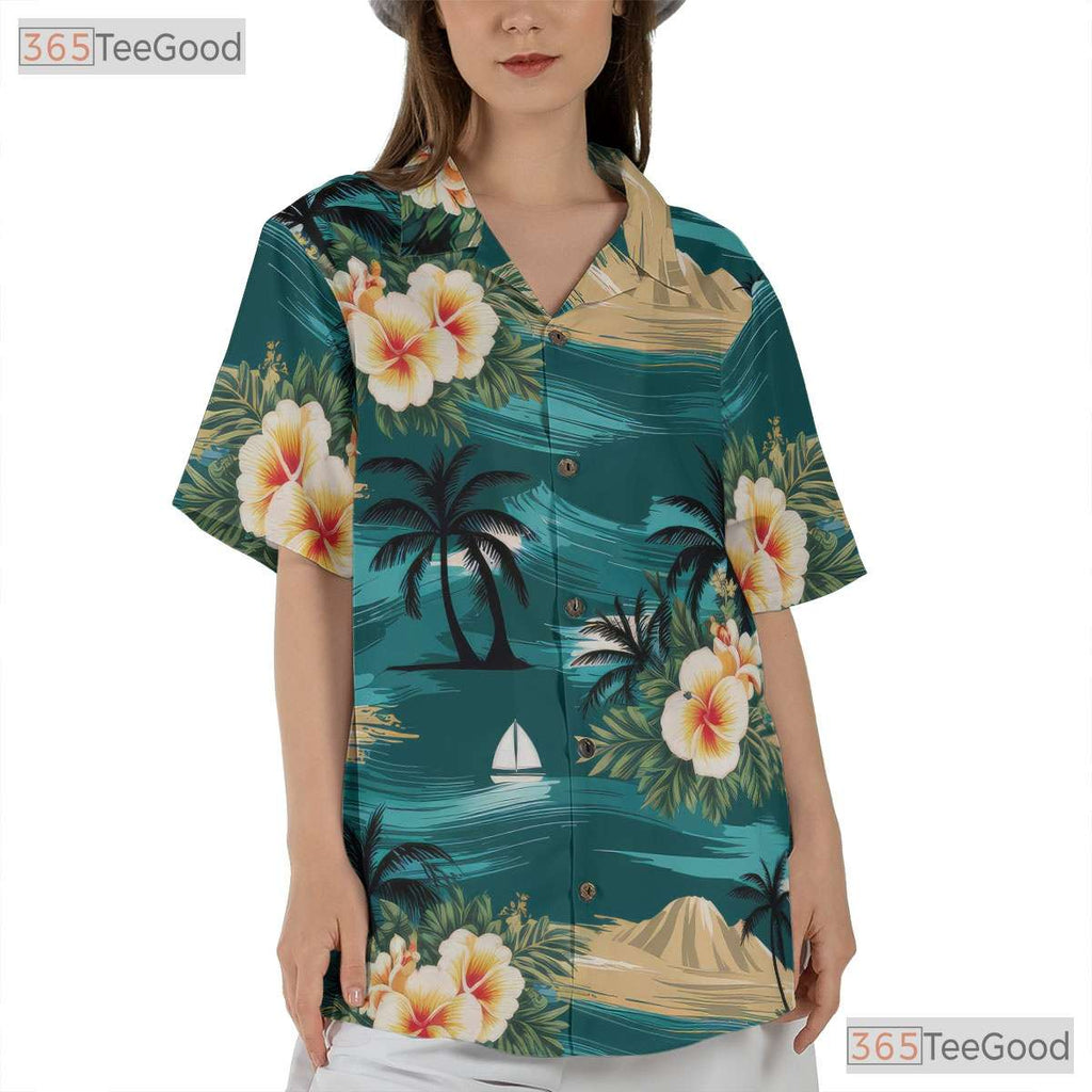 Vintage Hawaiian Tee - Ocean Waves Sailboats & Palm Trees Gift for Adults