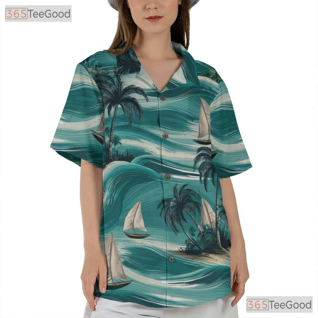 Retro Hawaiian Tee - Sailboats Palm Trees & Ocean Breeze Design Unisex