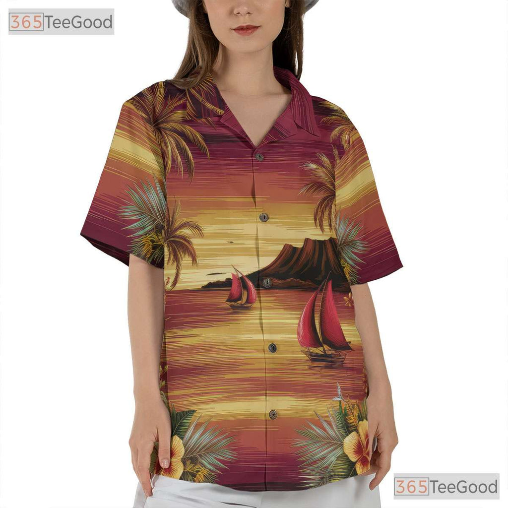 Tropical Palm Sunset Hawaiian Tee - Ocean Waves Summer Gift Unisex Adult