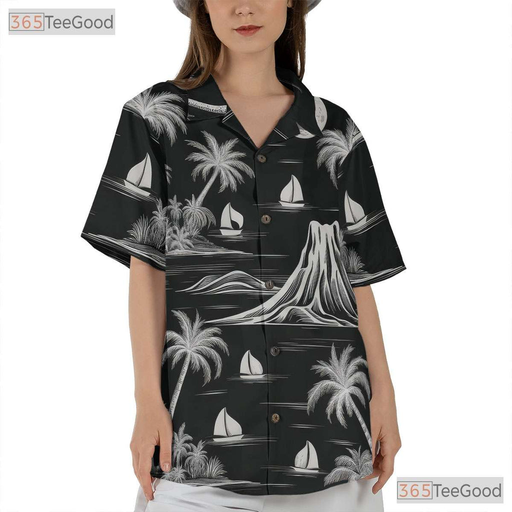 Black & White Palm Hawaiian Shirt - Tropical Island Vintage Beachwear Women