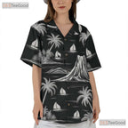 Black & White Palm Hawaiian Shirt - Tropical Island Vintage Beachwear Women