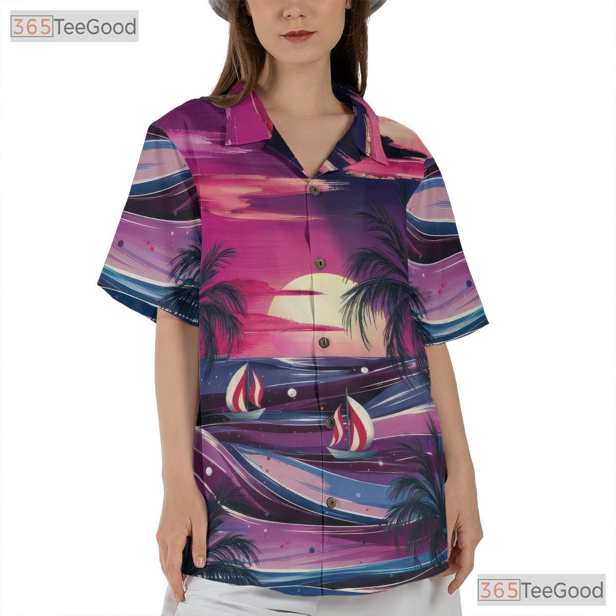 Palm Sunset Beach Hawaiian Tee - Aloha Tropical Floral Vacation Women