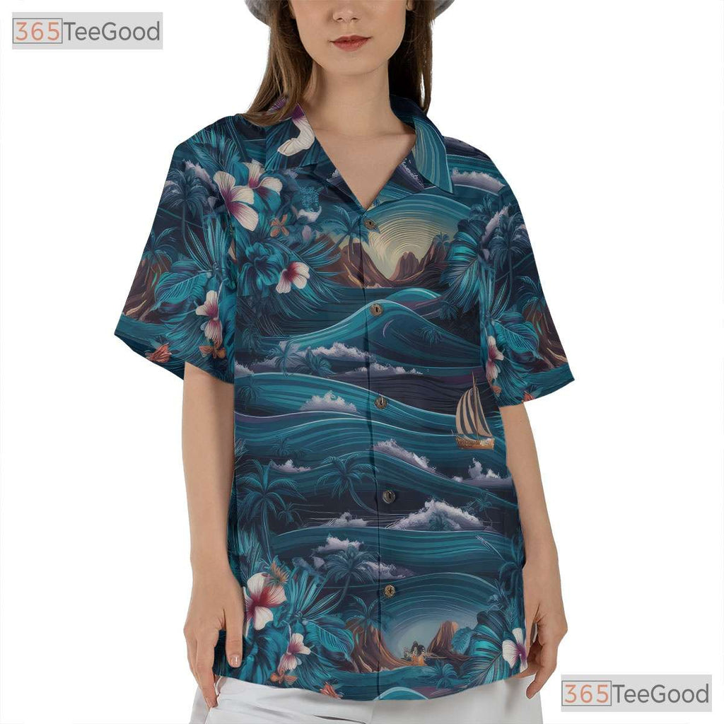 Navy Palm Hawaiian Shirt - Tropical Aloha Floral Ocean Waves Men's