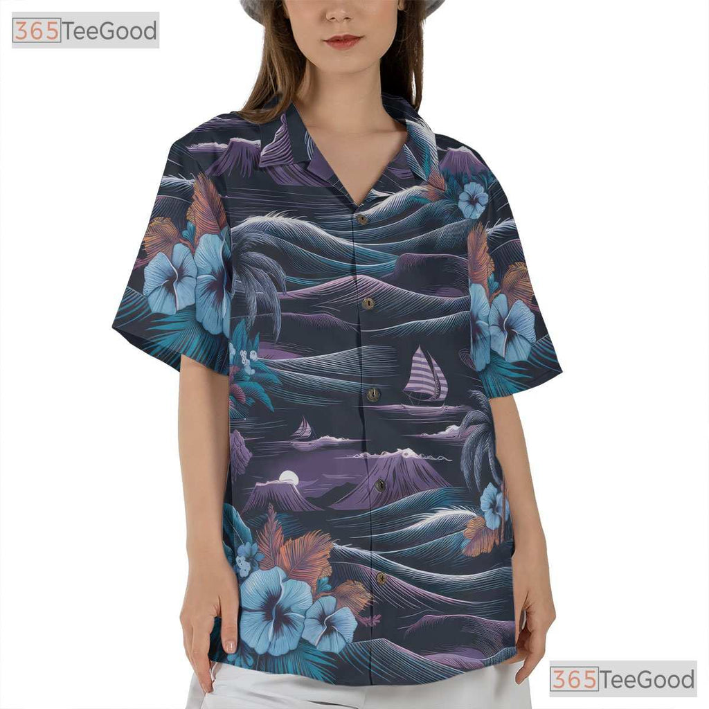 Navy Blue Hawaiian Tee - Palm Trees & Ocean Aloha Print Gift Unisex
