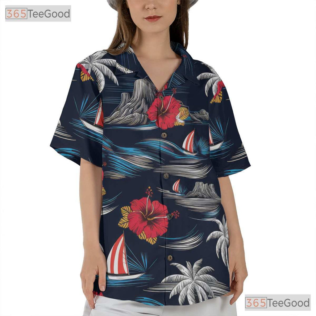 Vintage Navy Aloha Tee - Island Palm Trees & Beachwear Style Women