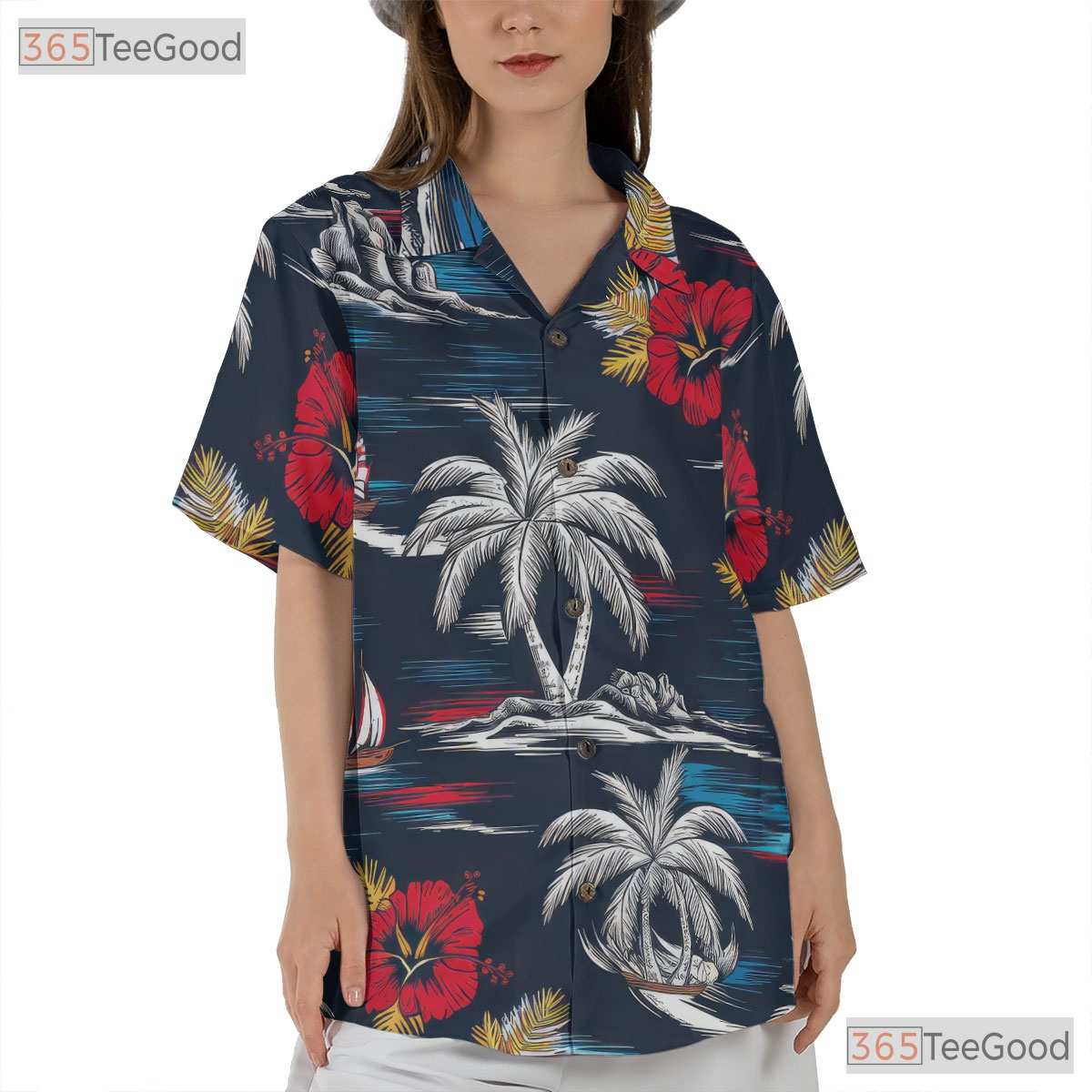 Gray Aloha Palm Tree Hawaiian Shirt - Pink Hibiscus Island Print Men