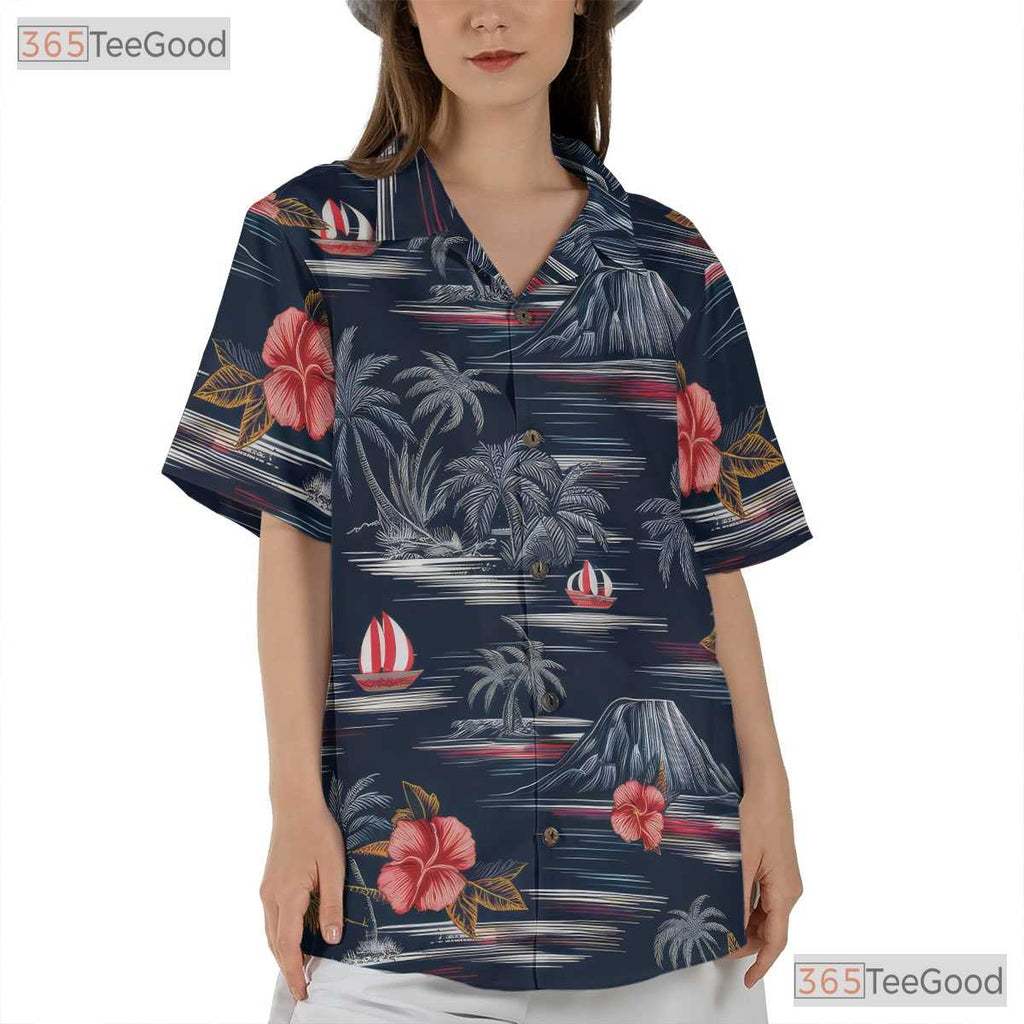 Vintage Gray Hawaiian Tee - Palm Tree Hibiscus Tropical Style Unisex