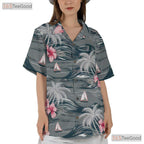 Aloha Gray Hawaiian Shirt - Island Palm Trees & Pink Hibiscus Women
