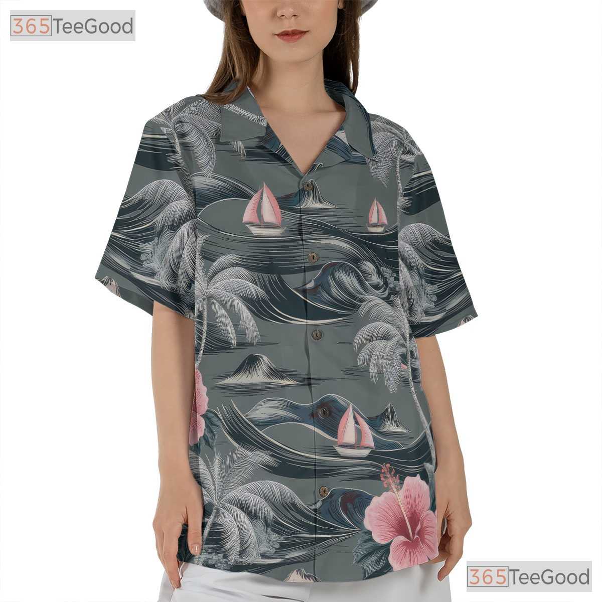 Tropical Gray Hawaiian Tee - Aloha Palm Hibiscus Beachwear Gift Adult
