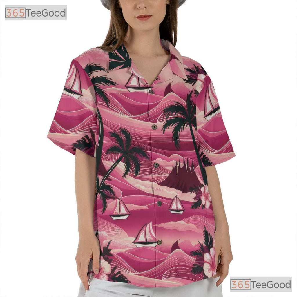 Vintage Pink Hawaiian Tee - Tropical Aloha Palm Trees & Hibiscus Women