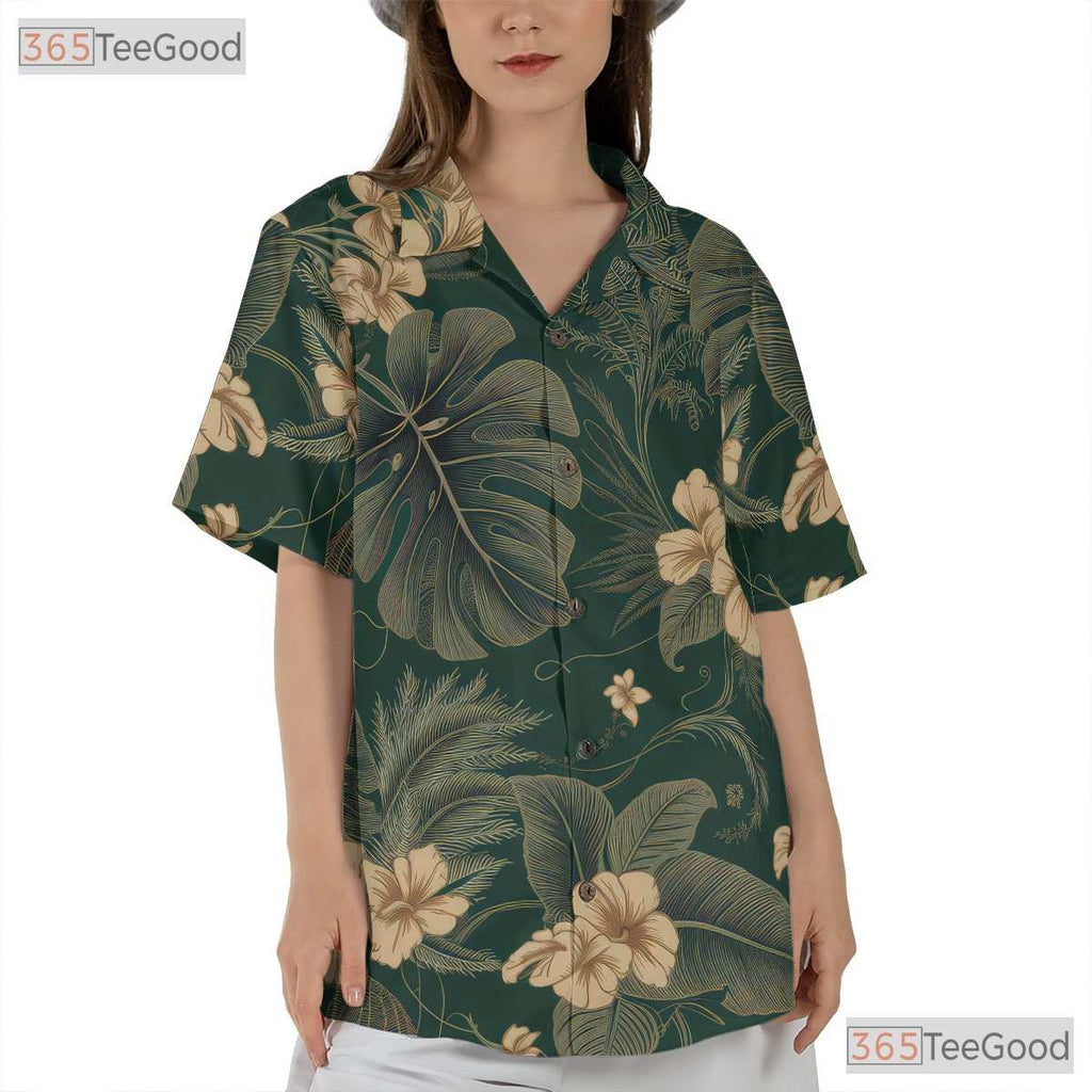 Unisex Tropical Hawaiian Tee - Green Monstera Leaf & Jungle Floral Women