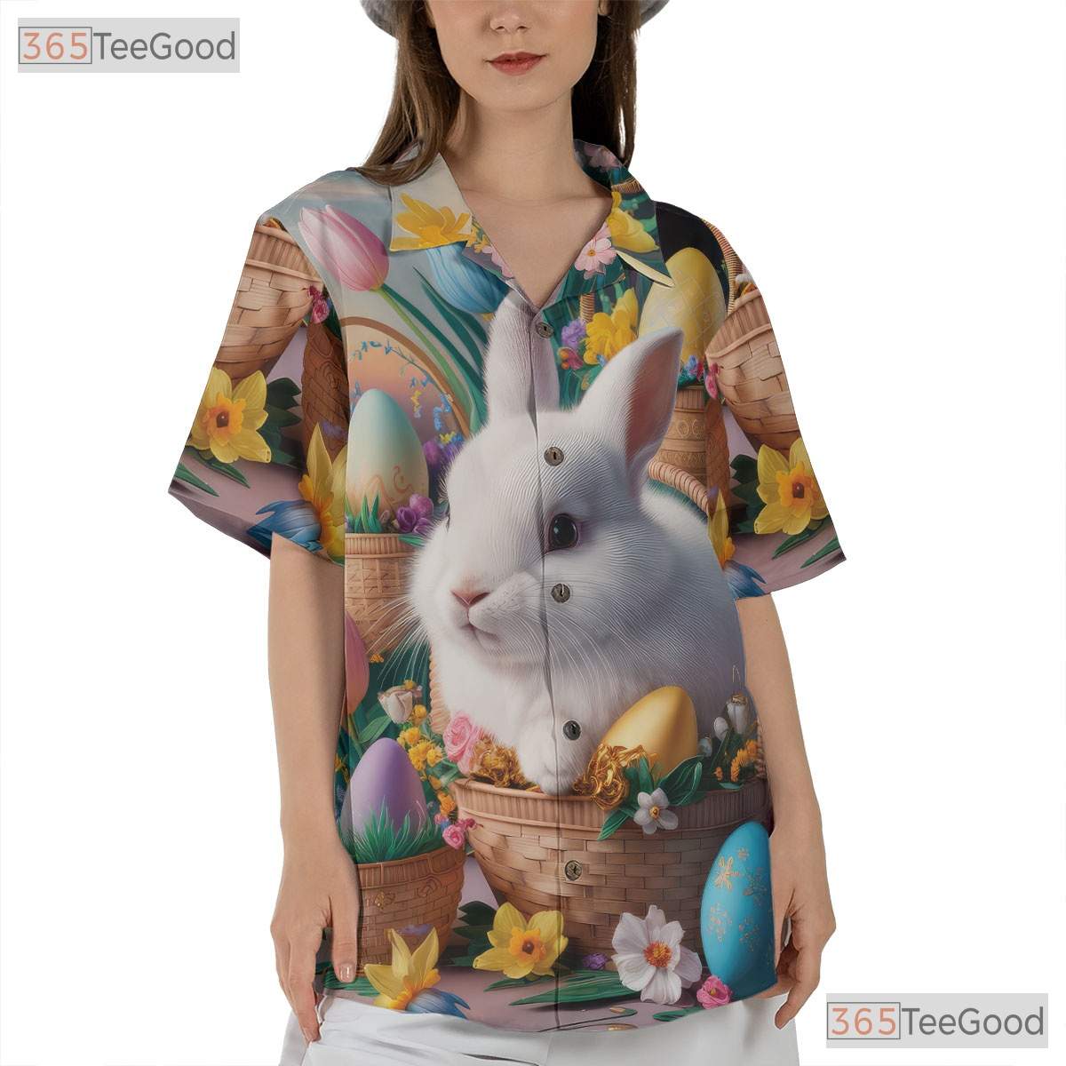 Easter Bunny Hawaiian Tee - Spring Basket with Colorful Eggs Print Unisex