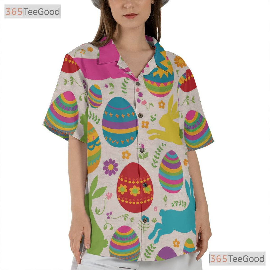 Cute Easter Bunny Hawaiian Tee - Colorful Eggs Spring Gift for Women