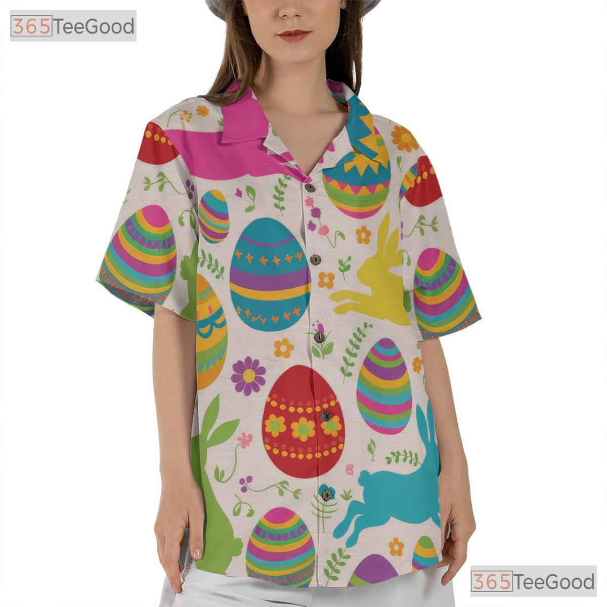 Cute Easter Bunny Hawaiian Tee - Colorful Eggs Spring Gift for Women