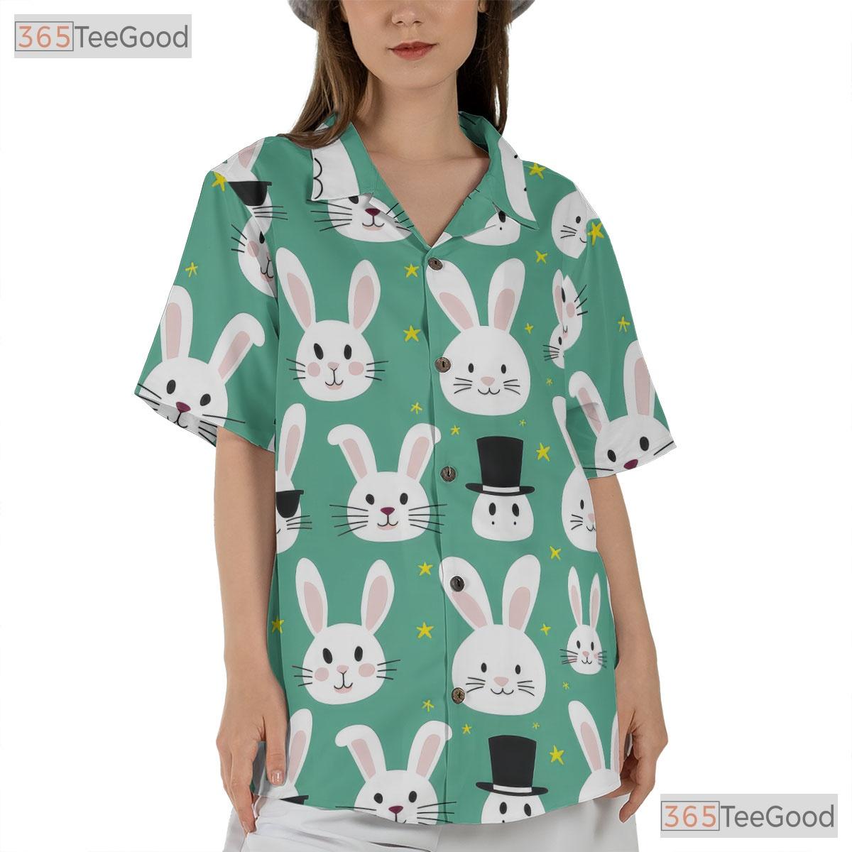Cute Bunny Face Easter Hawaiian Shirt - Green Spring Rabbit Aesthetic Women