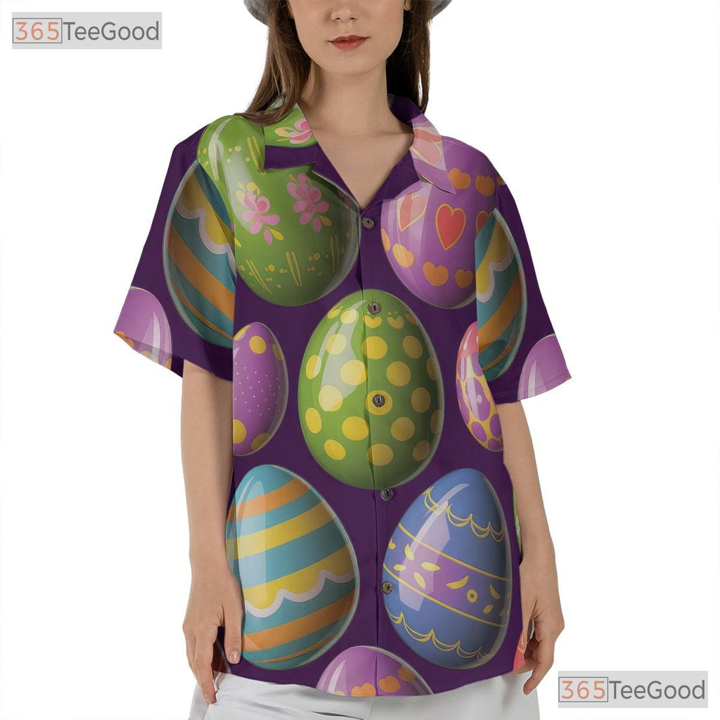 Spring Easter Egg Hawaiian Shirt - Purple Colorful Design for Women