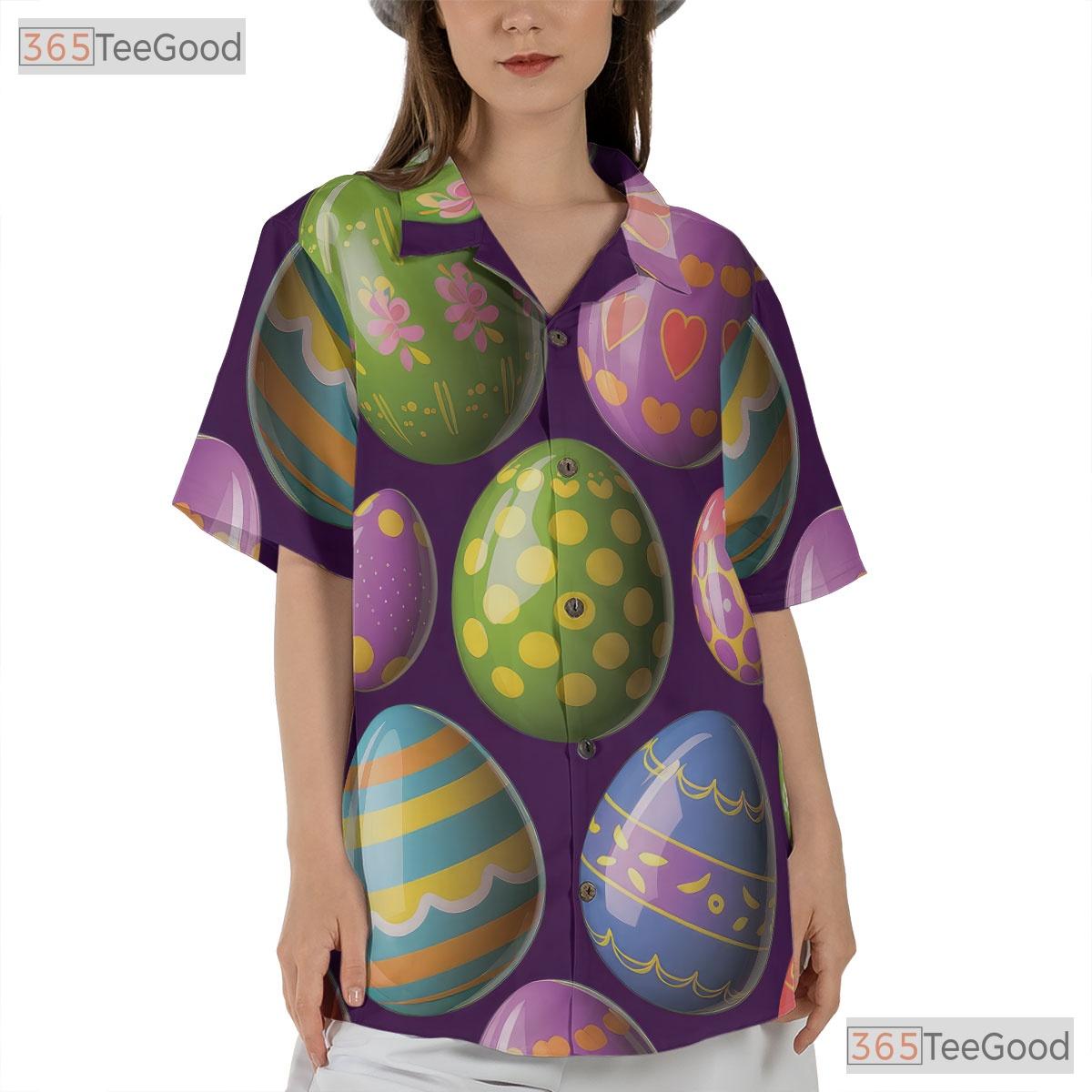 Spring Easter Egg Hawaiian Shirt - Purple Colorful Design for Women