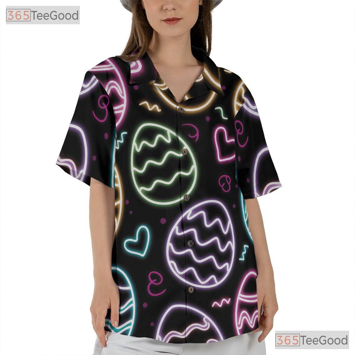 Black Hawaiian Tee - Neon Easter Eggs Bright Spring Holiday Print Women