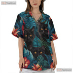Black Cat Hawaiian Shirt - Blue Tropical Jungle Floral Vacation Men