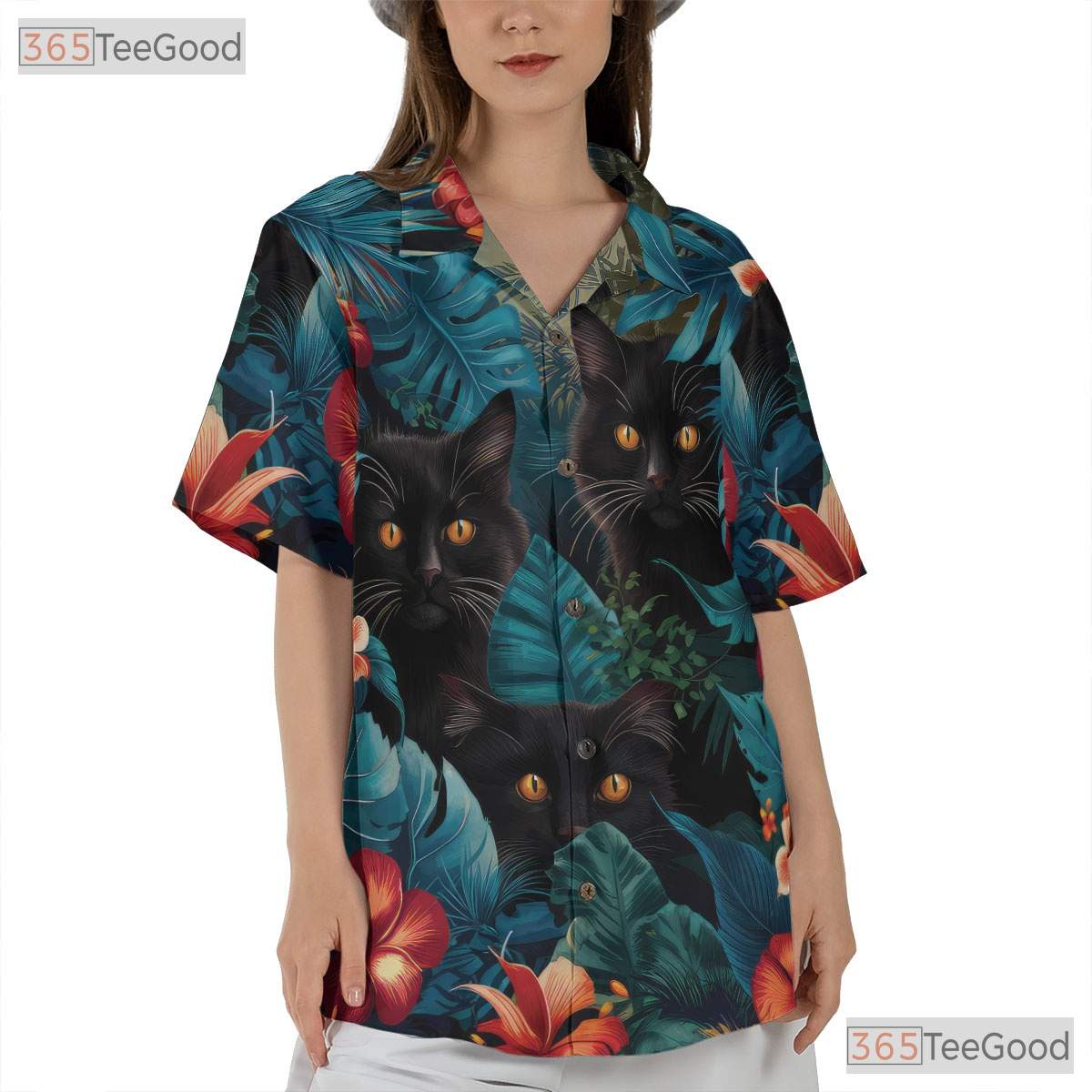 Black Cat Hawaiian Shirt - Blue Tropical Jungle Floral Vacation Men