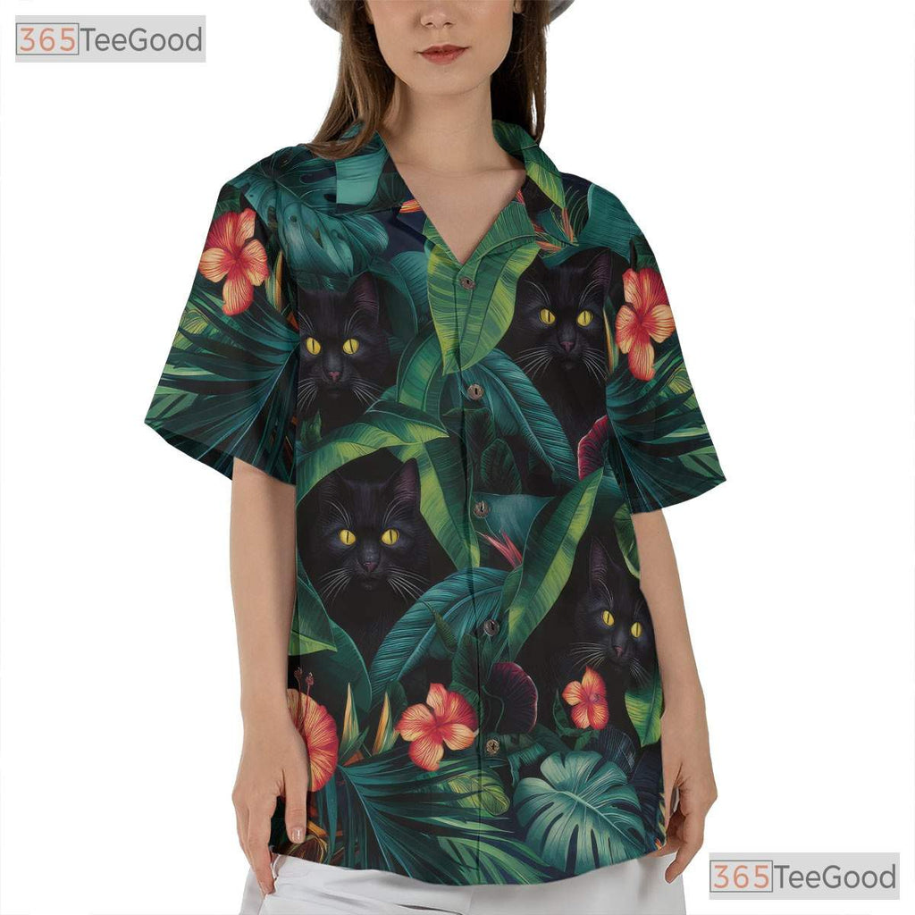 Floral Jungle Cat Hawaiian Shirt - Black Cat Tropical Vacation Women