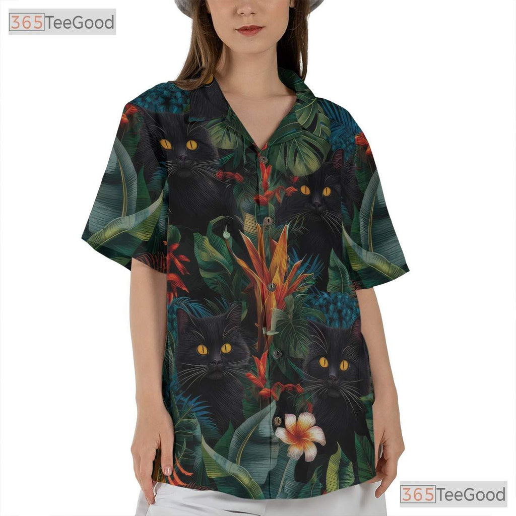 Tropical Black Cat Hawaiian Tee - Blue Jungle Leaves & Floral Gift Men