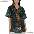 Tropical Black Cat Hawaiian Tee - Blue Jungle Leaves & Floral Gift Men