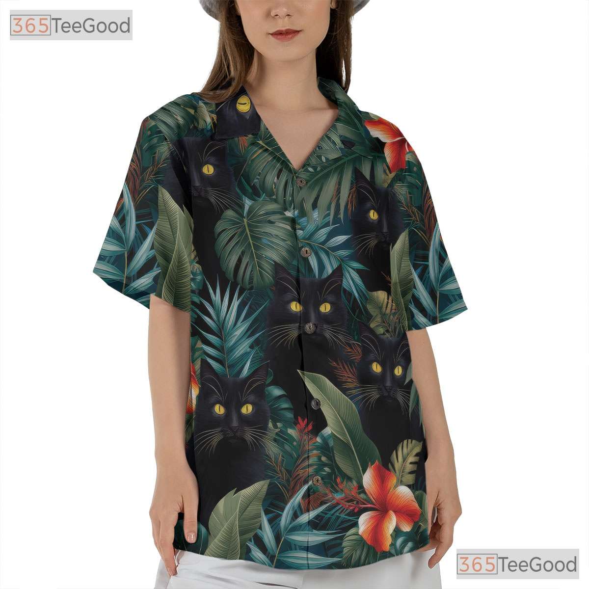 Jungle Black Cat Hawaiian Shirt - Tropical Blue Leaves Gift for Adults