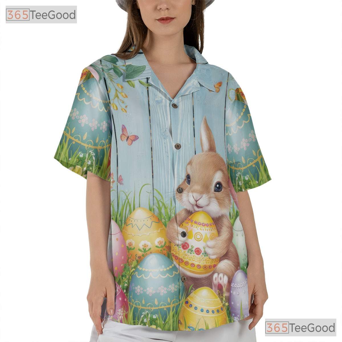 Spring Bunny & Butterflies Hawaiian Tee - Easter Colorful Eggs Gift Women
