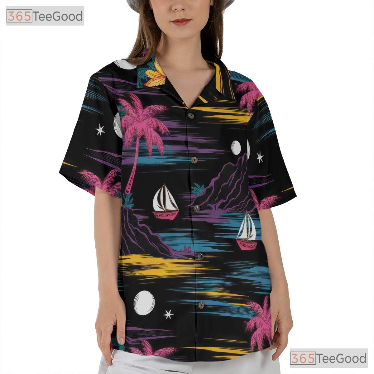 Retro Neon Black Hawaiian Shirt - Palm Tree Aloha Beach Style Unisex S-5XL