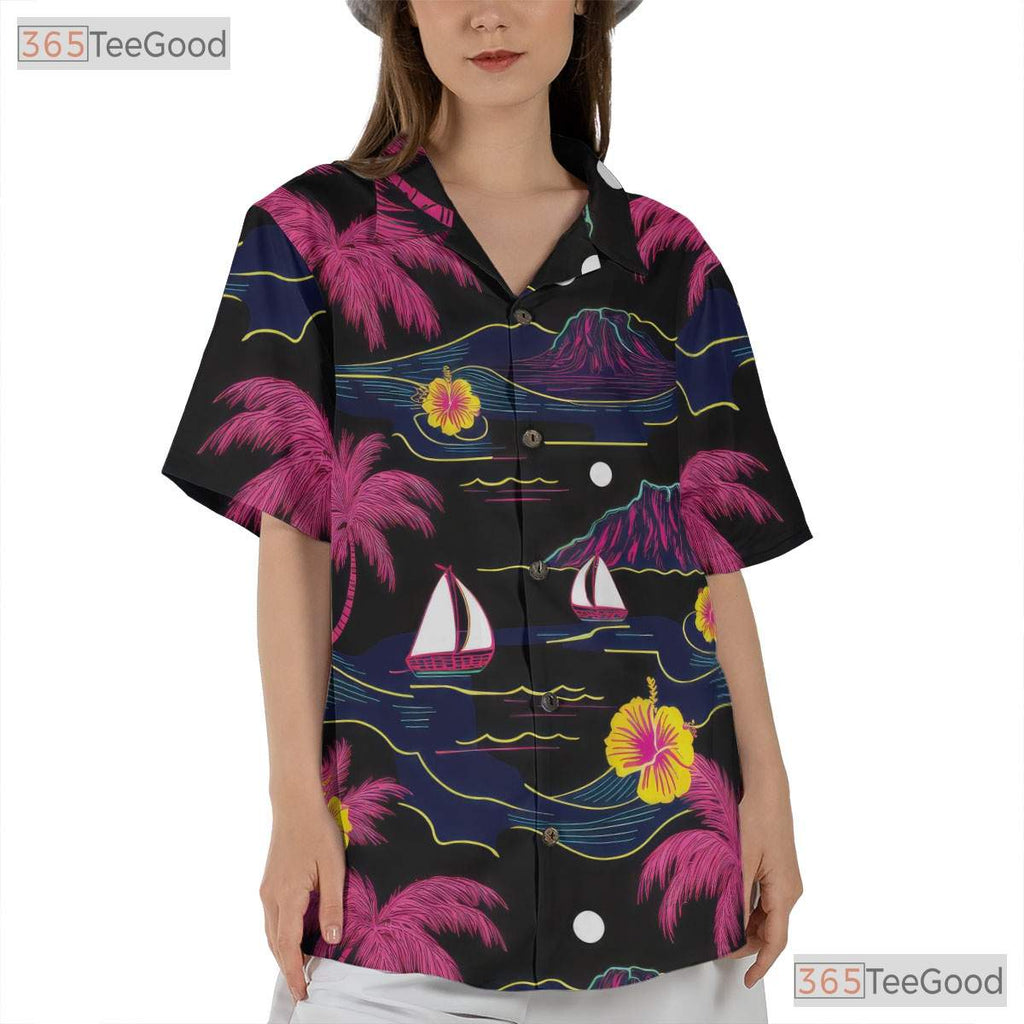 Vintage Neon Palm Hawaiian Tee - Black Island Beach Party Unisex S-5XL