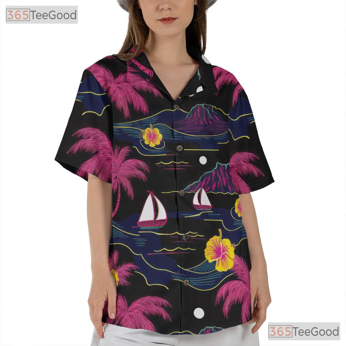 Vintage Neon Palm Hawaiian Tee - Black Island Beach Party Unisex S-5XL