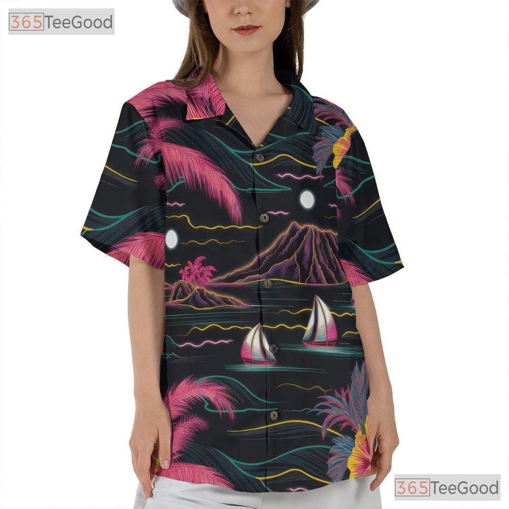 Black Neon Palm Hawaiian Shirt - Aloha Tropical Beach Gift Men S to 5XL