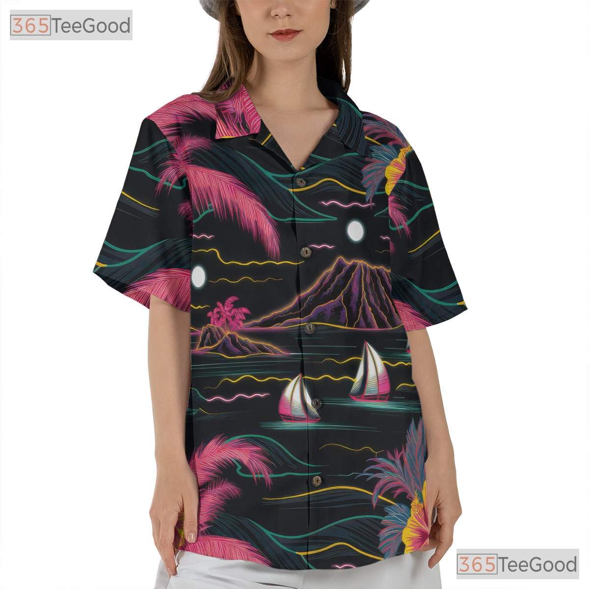 Black Neon Palm Hawaiian Shirt - Aloha Tropical Beach Gift Men S to 5XL