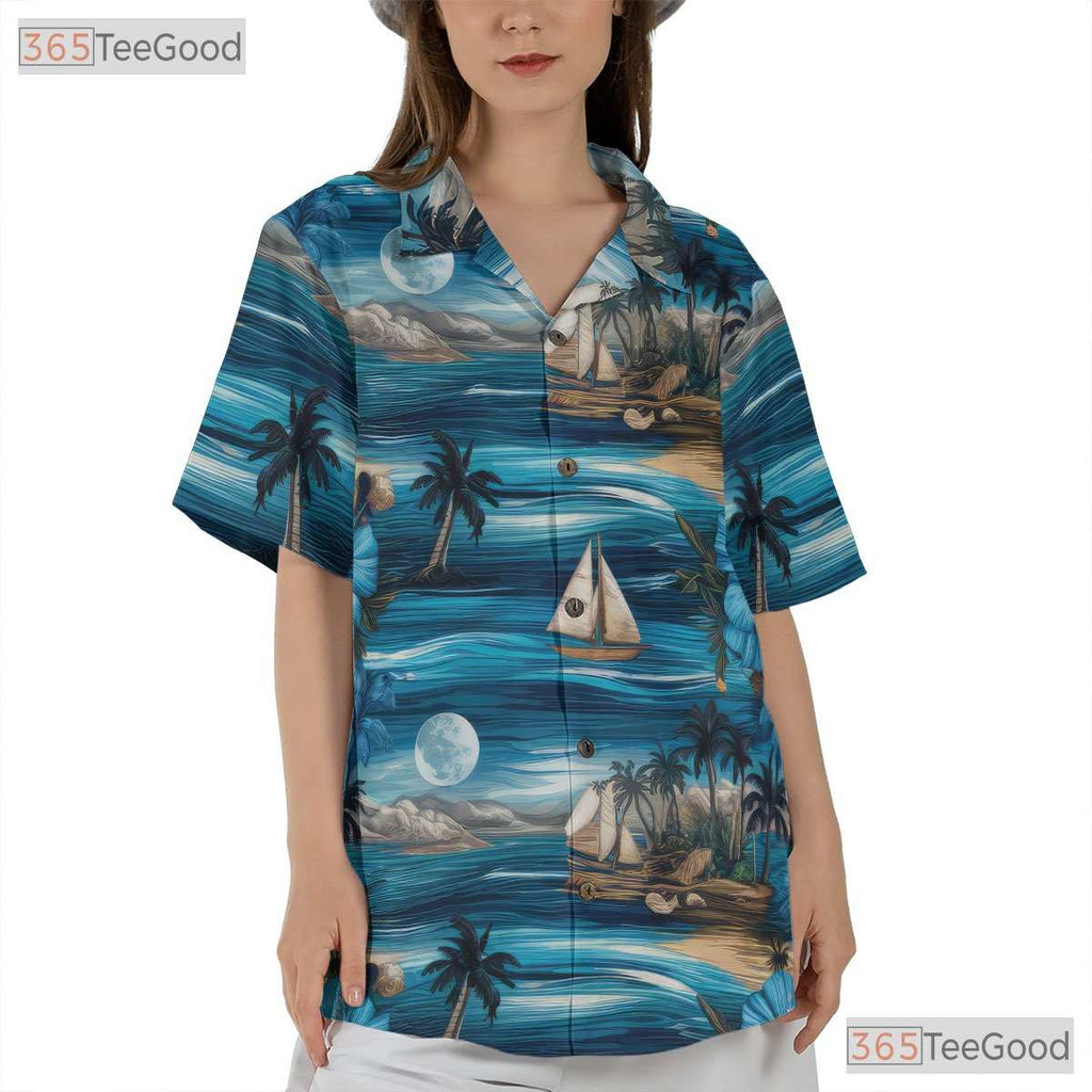 Vintage Blue Ocean Hawaiian Tee - Tropical Palm Tree Adults Gift S-5XL