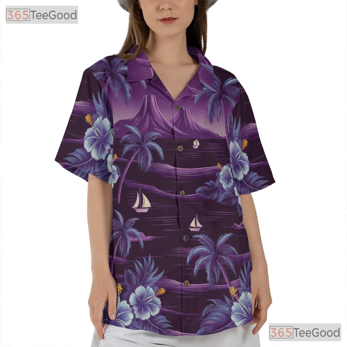 Aloha Purple Palm Hawaiian Shirt - Ocean Flower Beach Style Women S-5XL