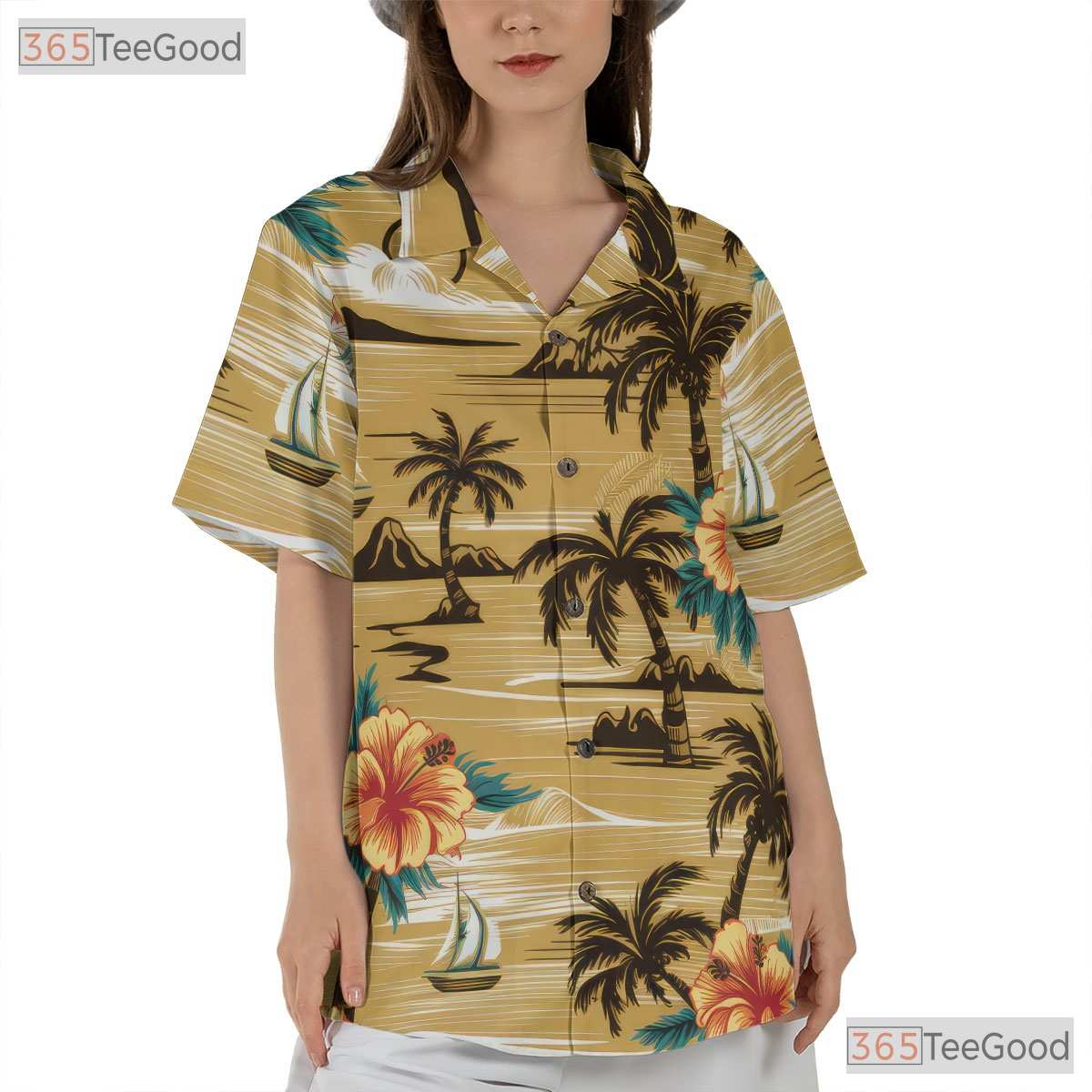 Palm Tree Hibiscus Hawaiian Tee - Vintage Aloha Beach Style Women S to 5XL