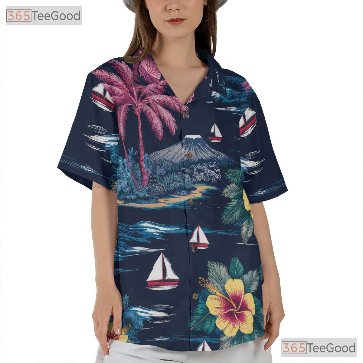 Vintage Navy Hawaiian Shirt - Palm Tree Hibiscus Aloha Style Adults S-5XL