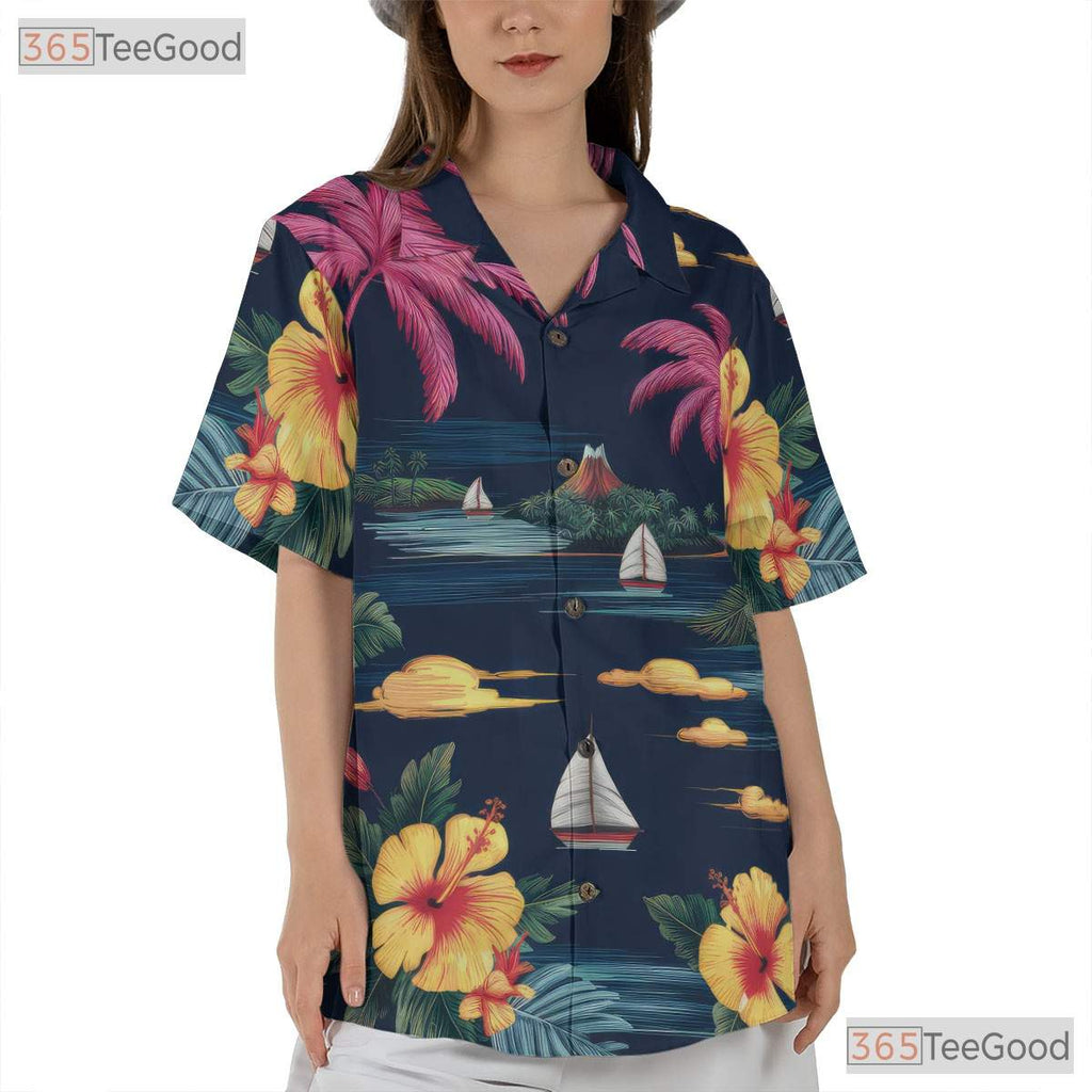 Navy Palm Hibiscus Hawaiian Tee - Classic Aloha Beach Party Unisex S to 5XL
