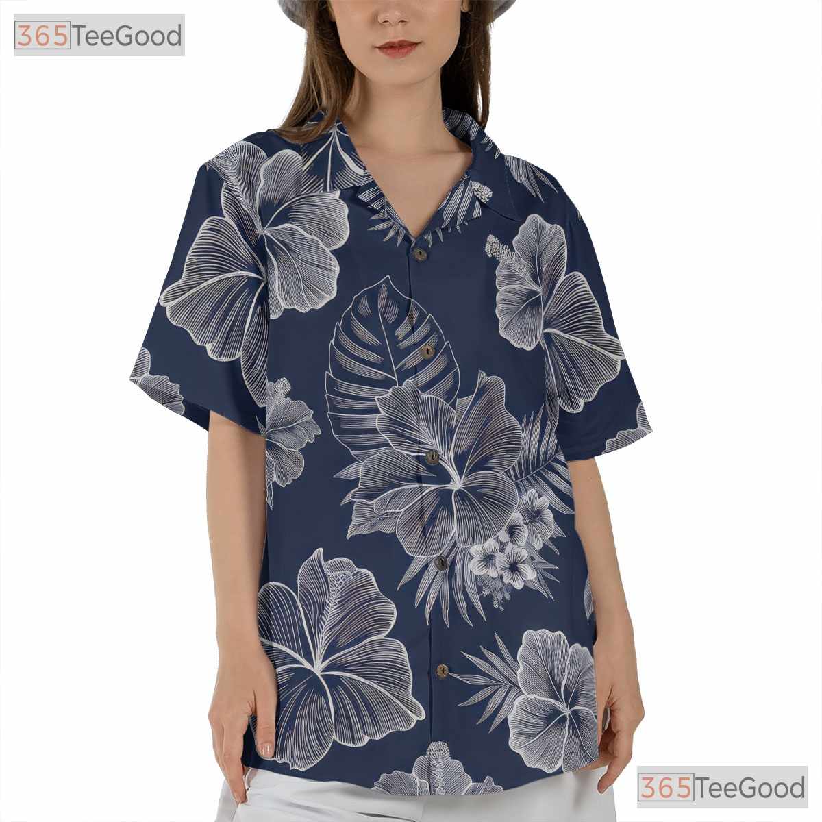 Blue White Hibiscus Hawaiian Tee - Tropical Aloha Vacation Unisex S-5XL